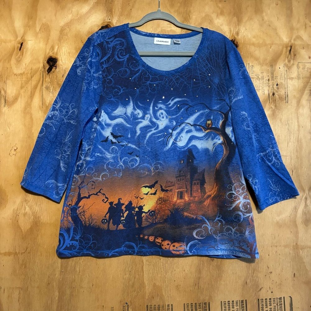i. b. diffusion Halloween Graphic 3/4 Sleeve Blue T-Shirt Plus Size XXL